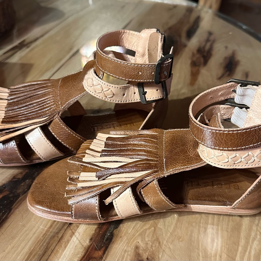 Fringe Brown Leather Sandals Bedstu Alena - Picture 3 of 5
